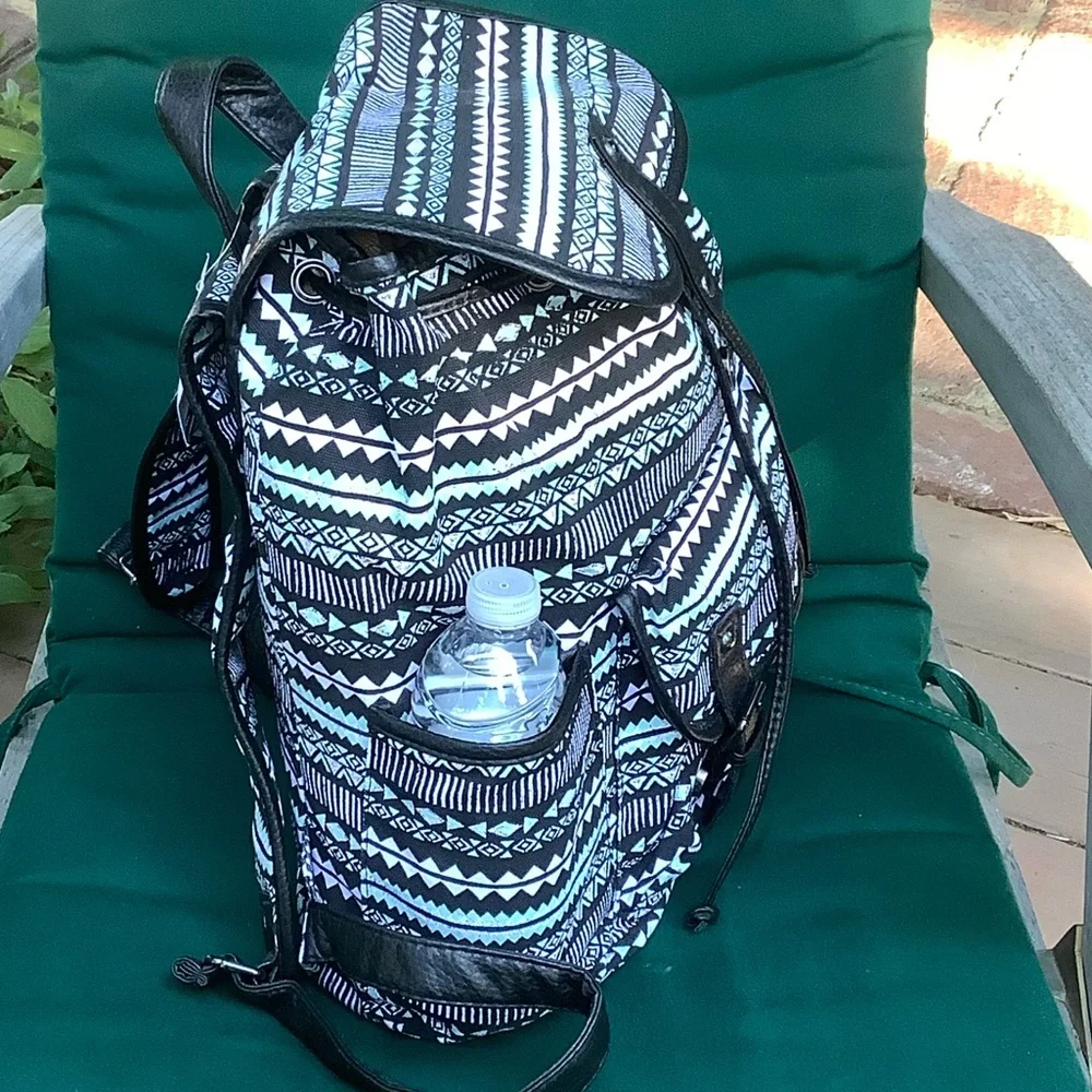 Backpack Mint Green Print Black Trim Side Pockets Drawstring Top New